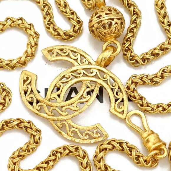 CHANEL CC Logos Filigree Ball Necklace 30" Gold Tone 95A Auth w/Box #24382 - Picture 1 of 10